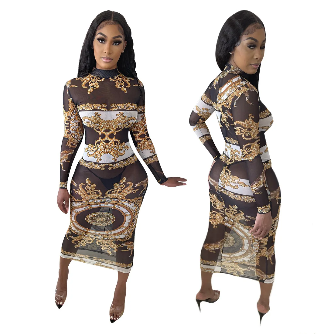 

Free Shipping R03162 - fit sexy women long sleeve printed mesh dresses