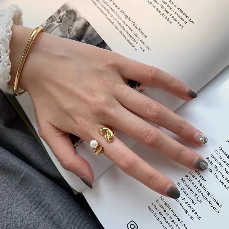 

Vershal Ins Korean Style Minimalist Gold Plated Adjustable Pearl Finger Ring For Women