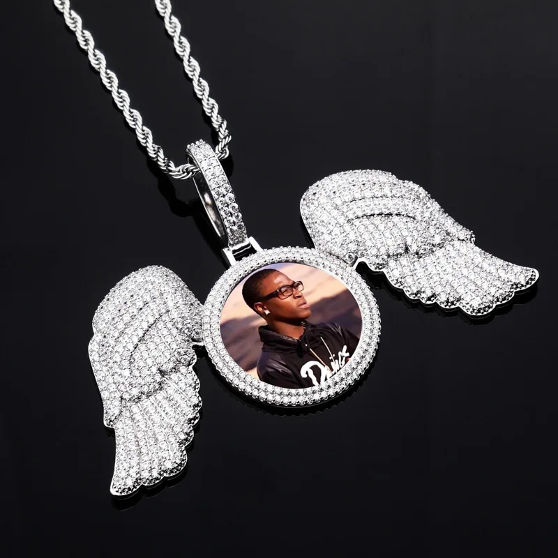 

18k Gold Plated Iced Out Made Round Photo With angel wings Medallions CZ Pendant Necklace Hip hop Jewelry