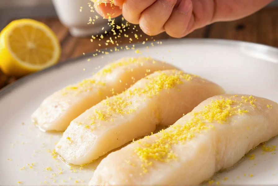 Fresh lemon zest being grated over white fish fillets with visible pepper flakes