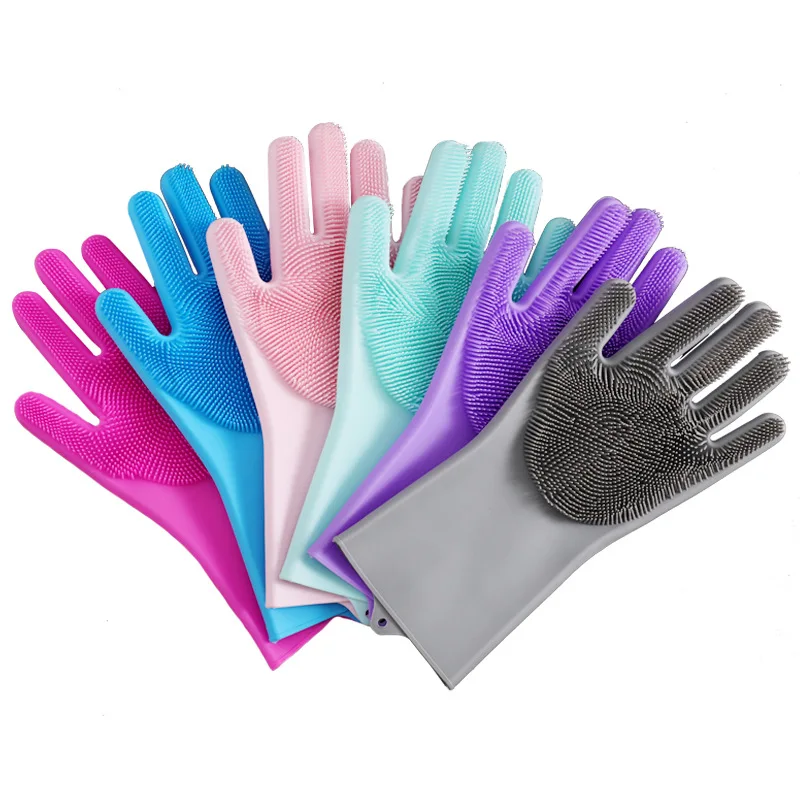 

Food Grade BPA Free Heat Resistant Kitchen Cleaning Washing Brush Scrubber Reusable Dish Washing Silicone Gloves, Gray, blue, green, pink,