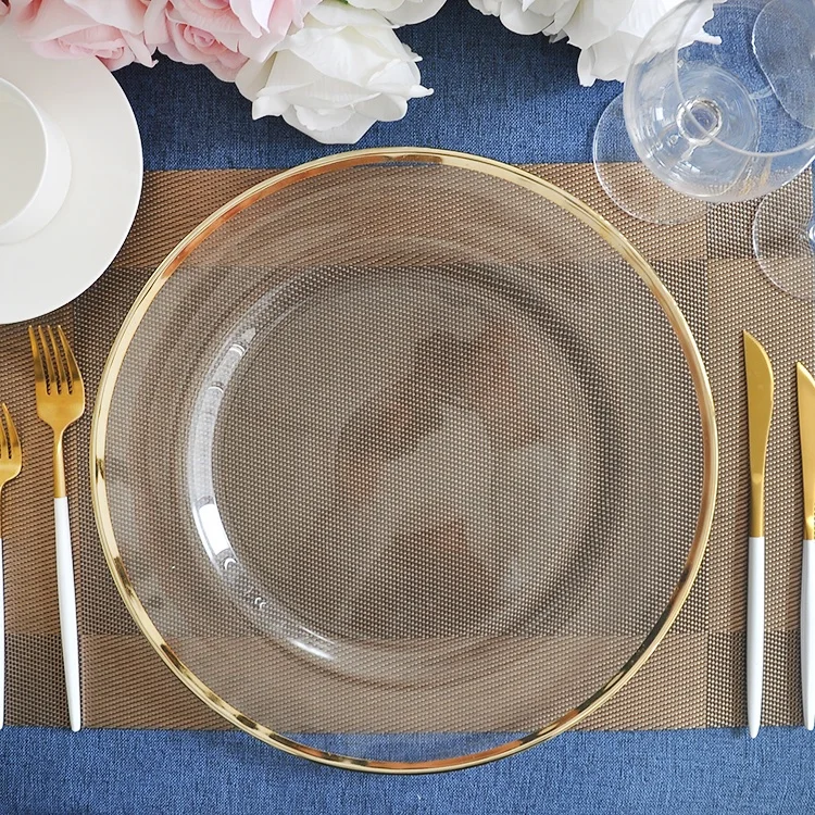 

Wedding party gold rim clear glass charger plate for table decoration wholesale