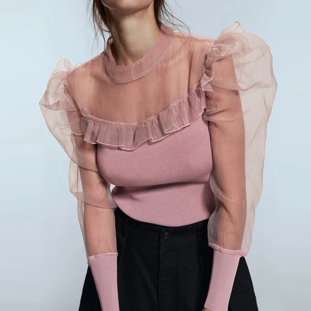 

B51573A Hot selling Europe lady new mesh sheer patchwork slim t-shirt, Pink