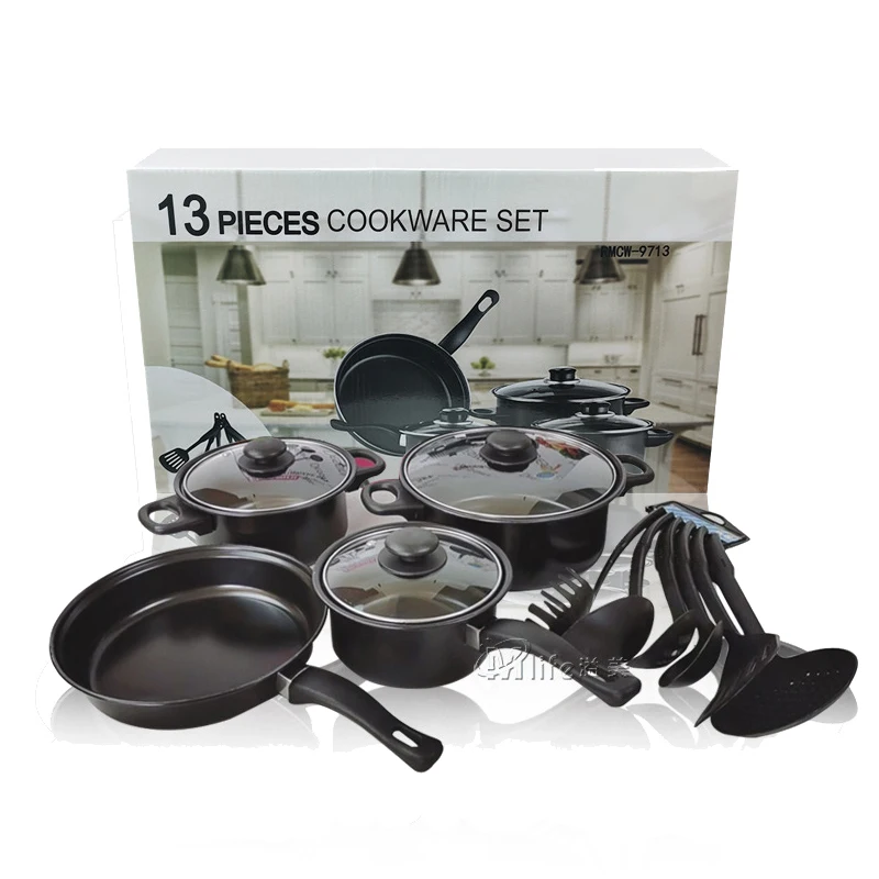 

OEM/ODM 12pcs 16cm 20cm 22cm black pots and pans non-stick pot pan cast iron wok woks non stick soup & stock pots cookware sets