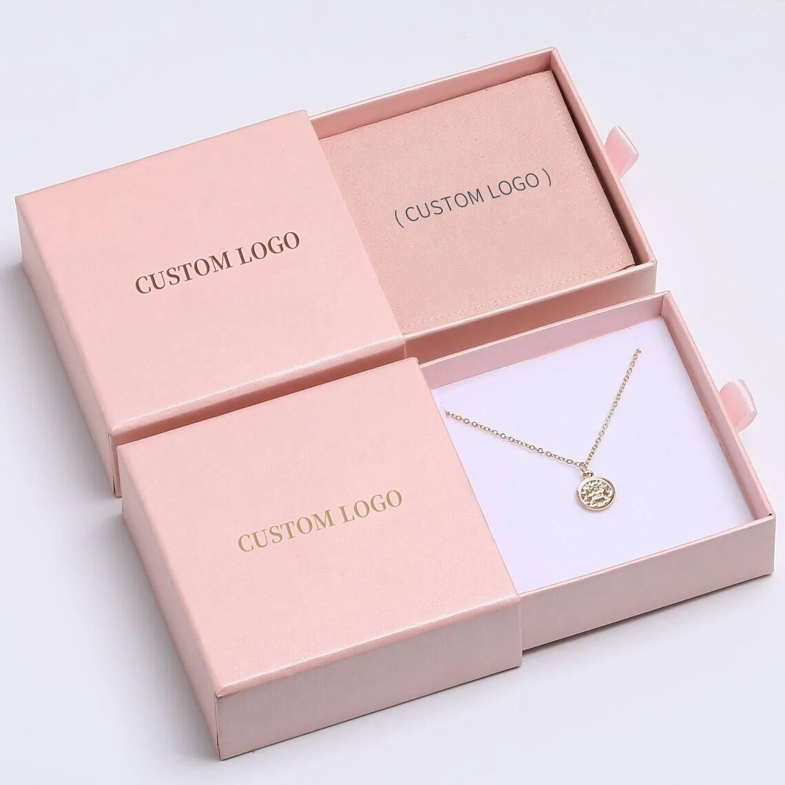 

Wholesale Low MOQ Luxurious Jewlery Packaging Pouch Printed Cardboard Drawer Box White Jewellery Box Packaging With Pouch, Customized color