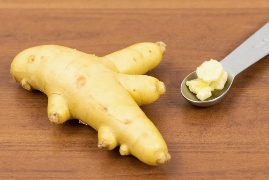Fresh ginger root next to a measuring spoon showing appropriate dog dosage