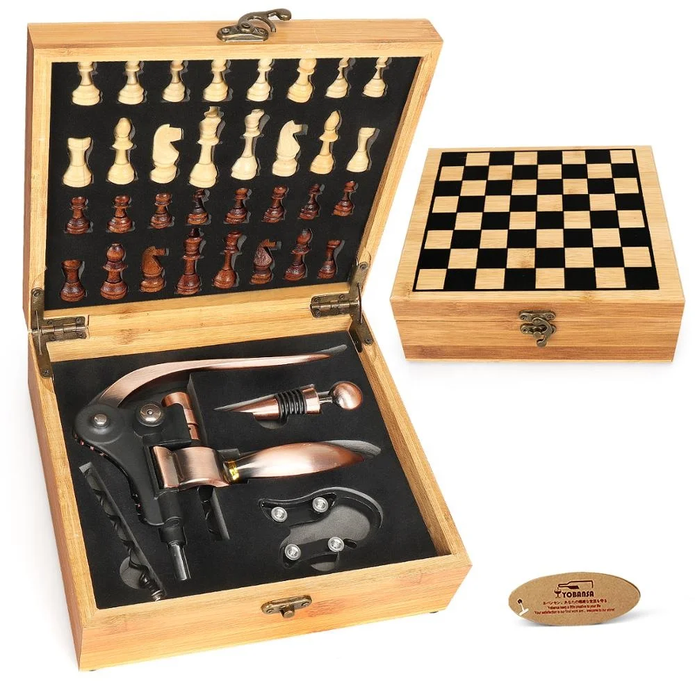 
Factory supply high quality bamboo box wine accessories gift set rabbit wine opener and wood chess gifts set  (62312357265)