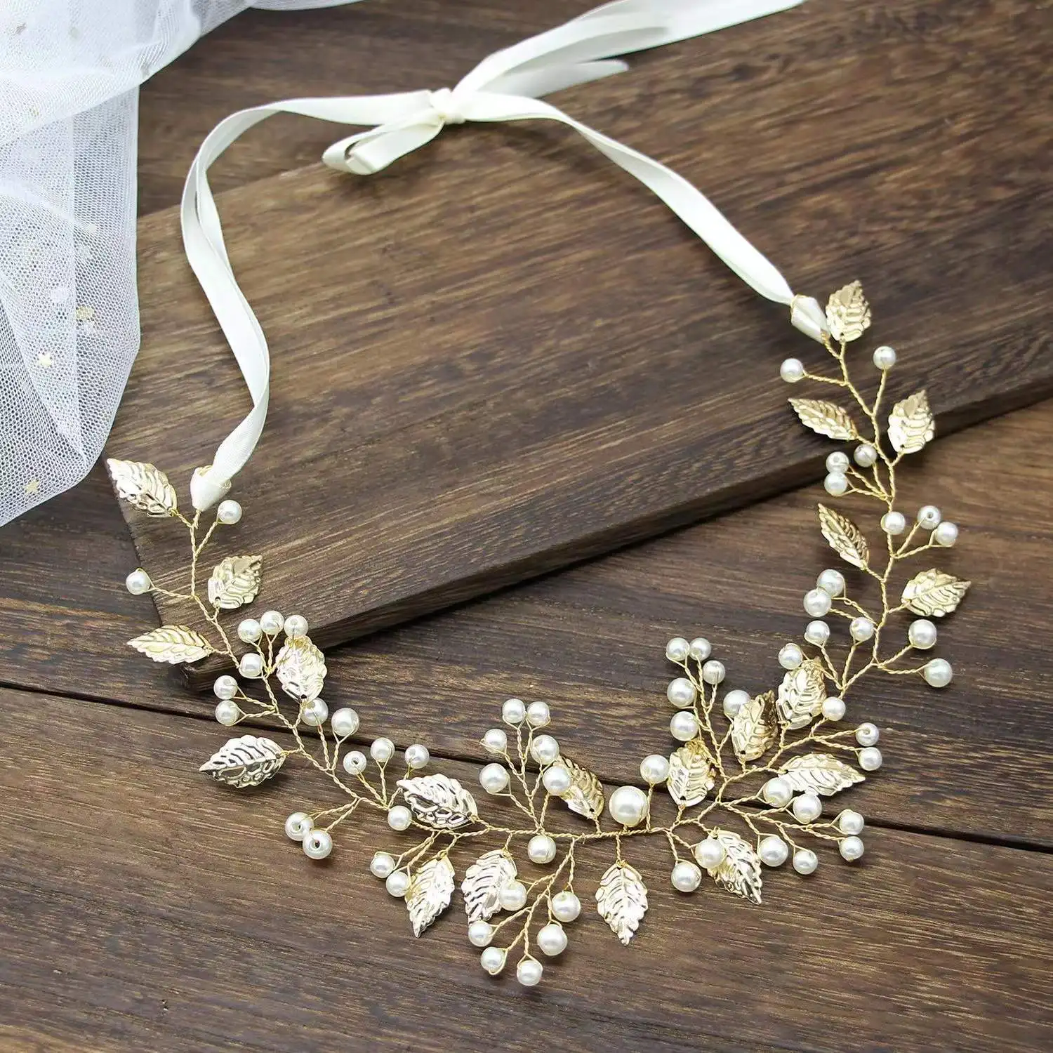 

MH792 Fashion Bridal Gold Leaves Headband Handmade Hairband Wedding Headdress, As photo