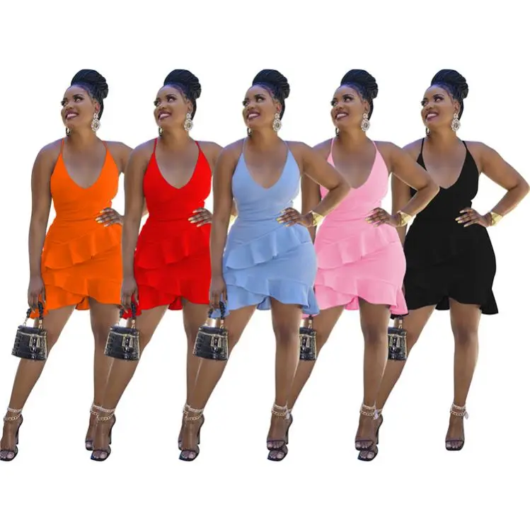 

TINA New Style Woman Casual Dress V Neck Suspender Ruffles Solid Color Stylish Sexy Dresses Summer