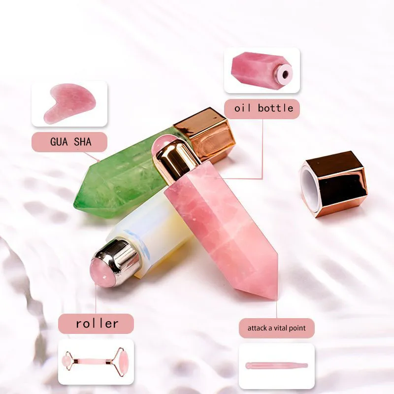 

2021 new product Rose Quartz Guasha and Essential Oil Bottle Jade Roller with Box