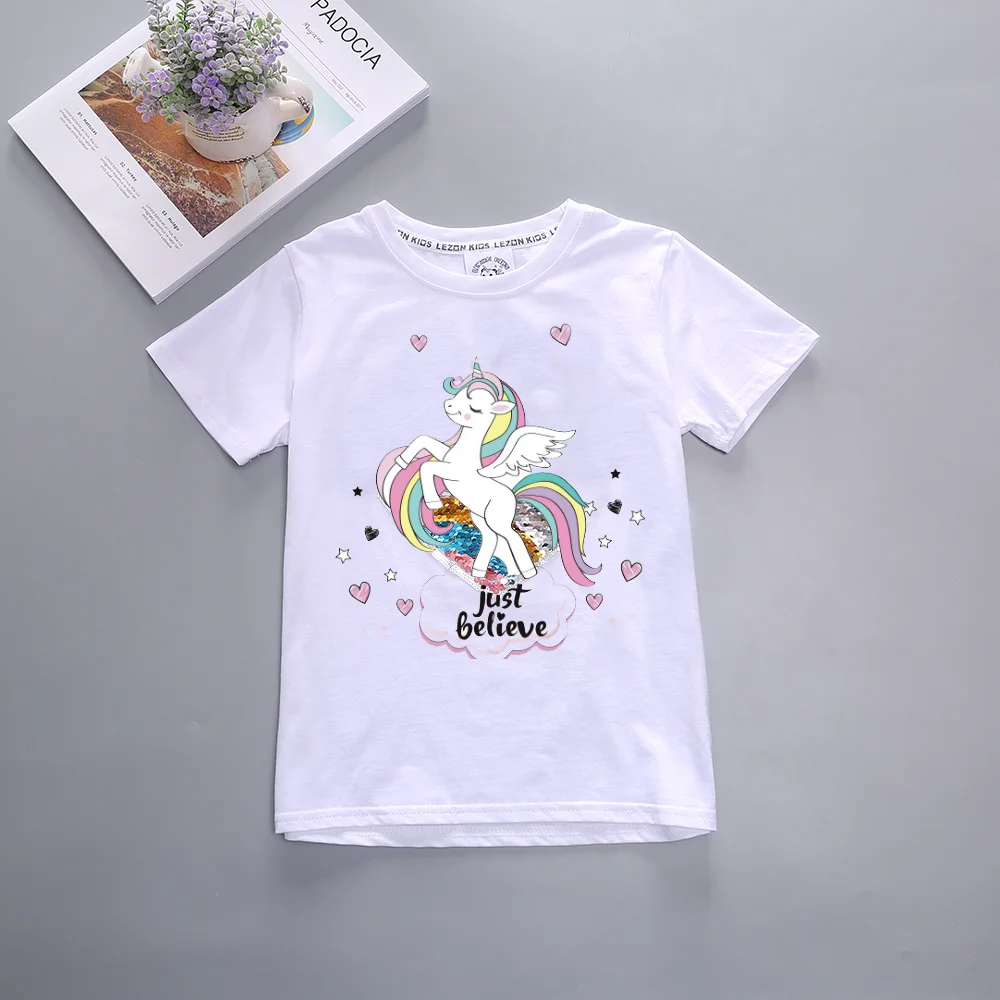 

Wholesale 100% Cotton White T-shirt Colorful Unicorn Sublimation T-shirt Girl