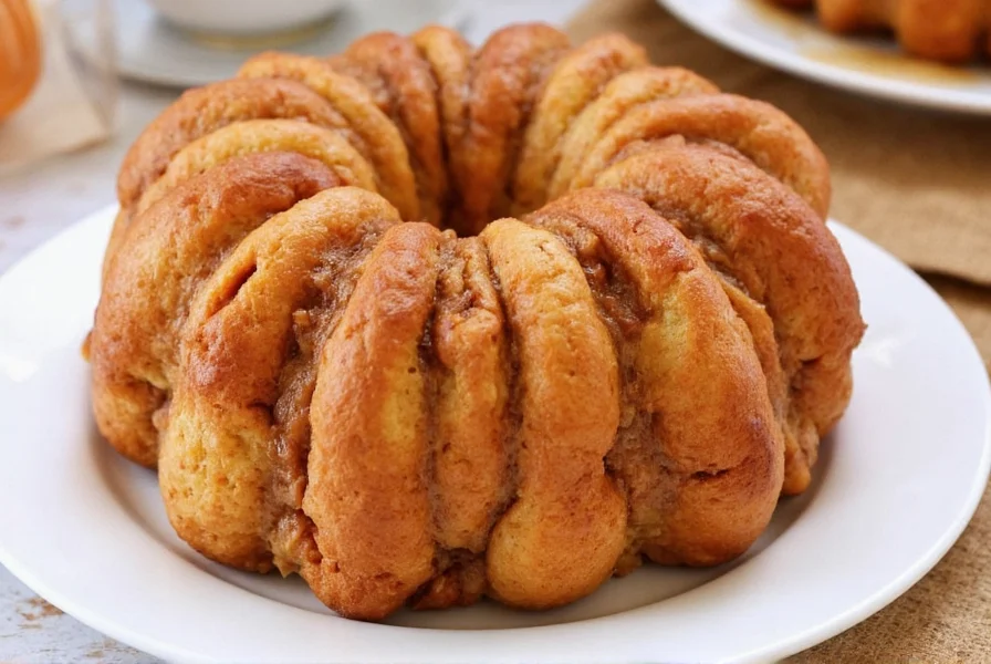 Finished cinnamon roll monkey bread perfectly inverted with golden caramel sauce dripping down sides
