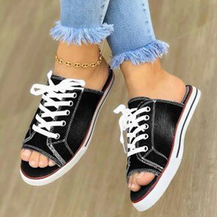 

2021 Fashion Canvas Shoes Flat Bottom Leaky Toe Sandals Women's Lace-up Casual Shoes All-match