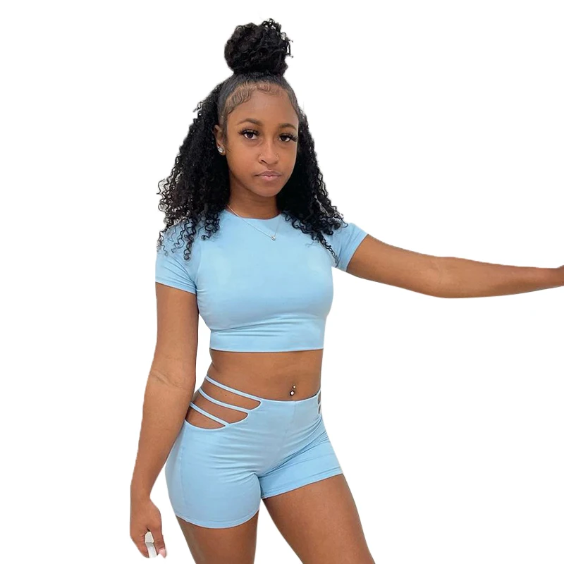 

MS186 Trendy Solid Short Pants Outfits Sleeveless Crop Top And Shorts Women Clothing Summer Biker Short 2 Piece Set, Blue