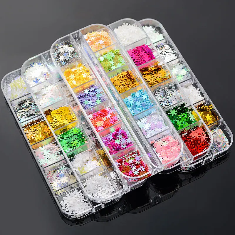 

12 Grids/Sets Nail Glitter Sequins Mixed Snowflake Mermaid Nail Art Decorations, 6 styles for chosen