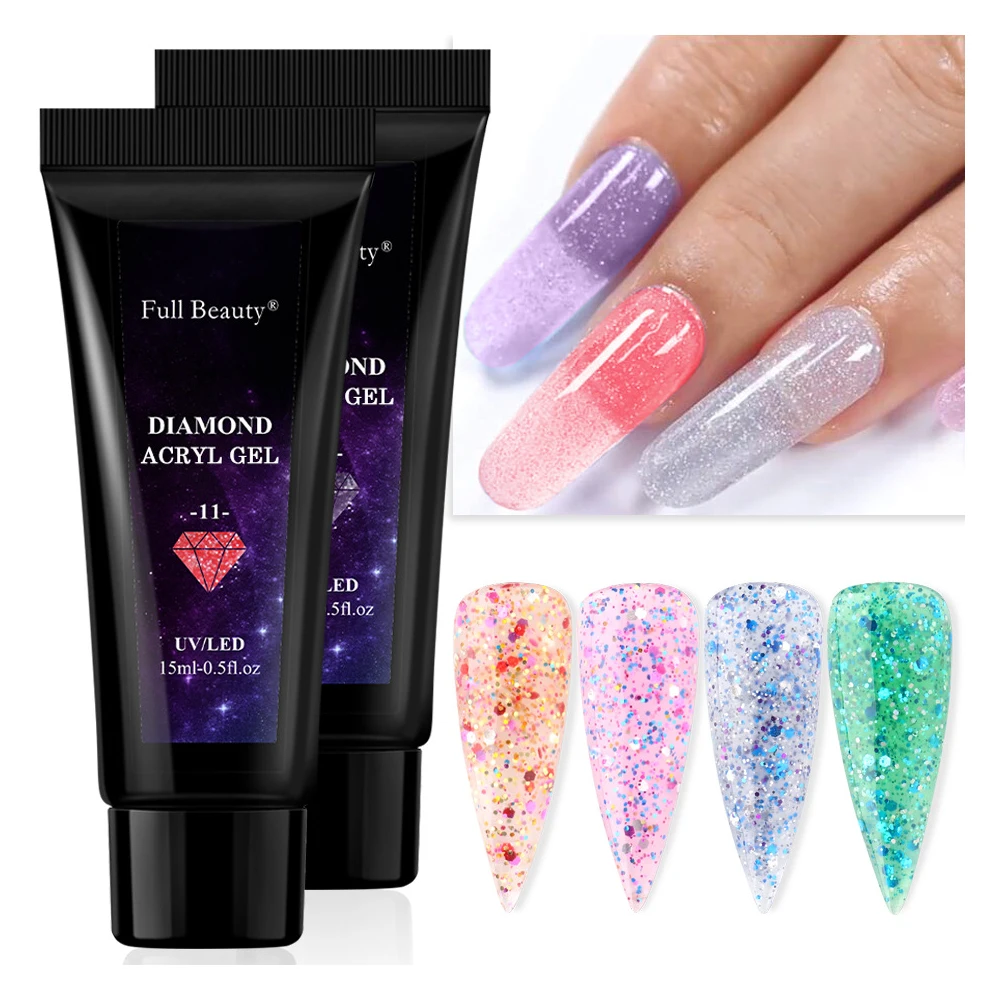 

15ml Acrylic UV Gel Glitter Soak Off Gel Polish Quick Building Nail Extension UV LED Poly Nail UV Gel, 12 colors optional