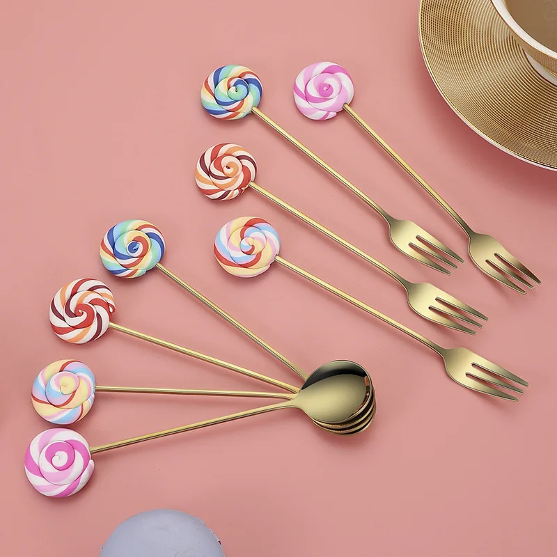 

2021 New Design Lollipop Fork and Spoon Stainless Steel Dessert Spoon Fruit Fork
