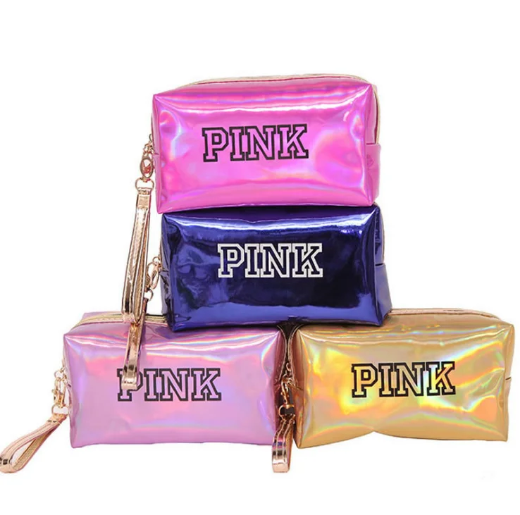 

Wholesales waterproof colorful pink pu leather makeup pouch luxury holographic toiletry bag small shiny laser cosmetic bag, 5 colors