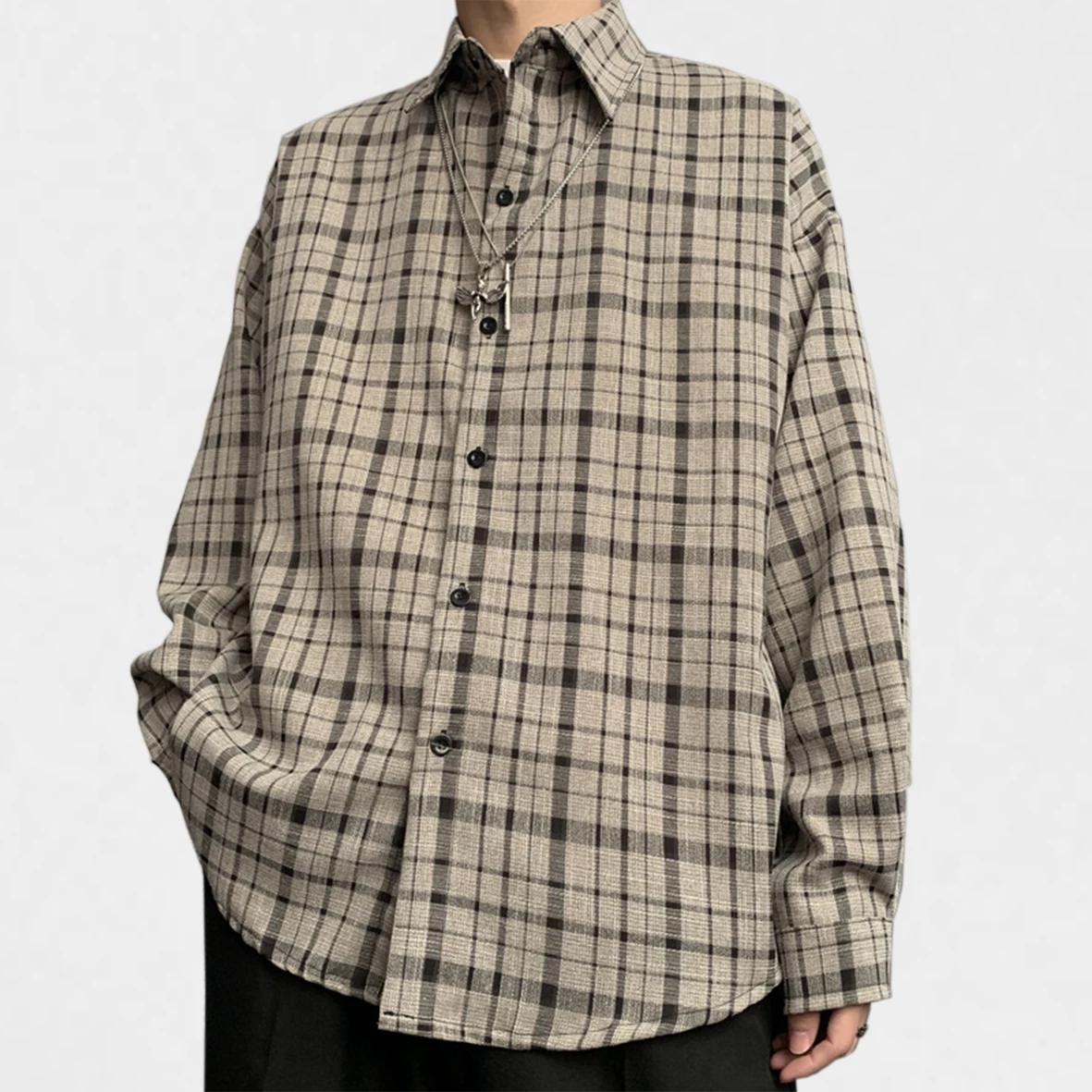

Ins High Quality Design Khaki Casual Top Checked Long Sleeve Spring And Summer Blouses & Shirts, As pictures