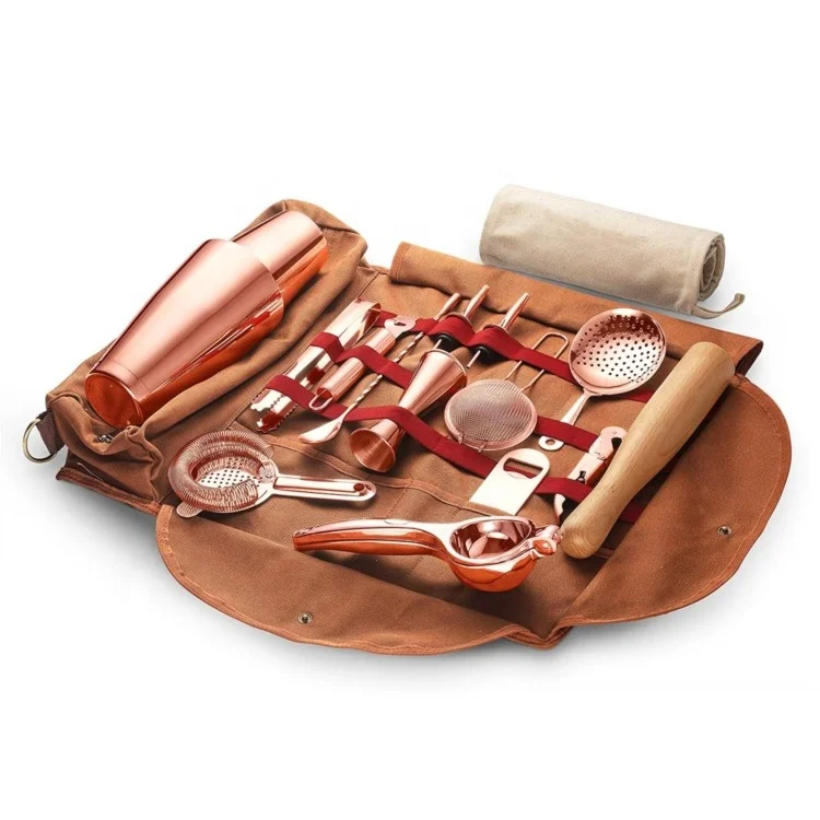 

Top Seller Rose Gold 17 Pieces Boston Shaker Set Stainless Steel Cocktail Shaker Bar Set With Portable Bag