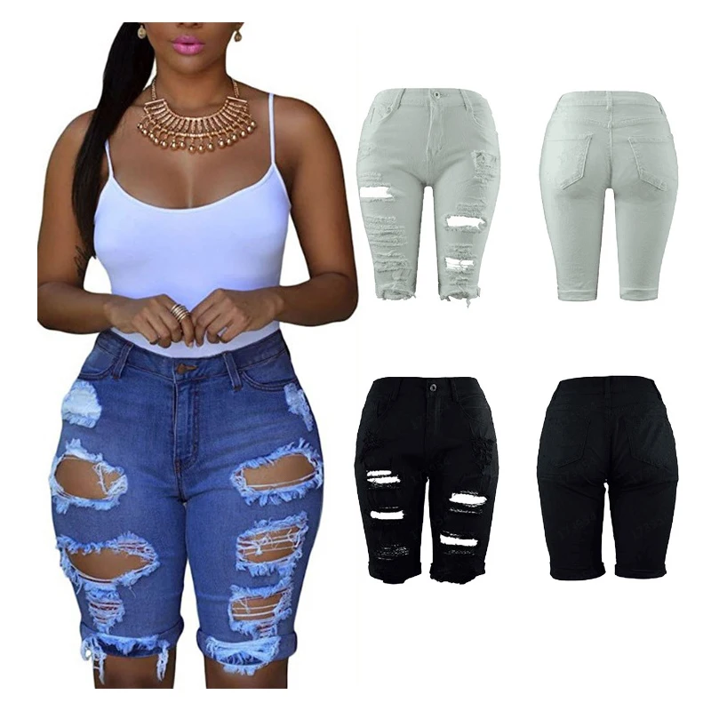 

Wholesale Summer Bottoms Women Casual Hole Ripped Destroyed Bermuda Jeans Denim Shorts