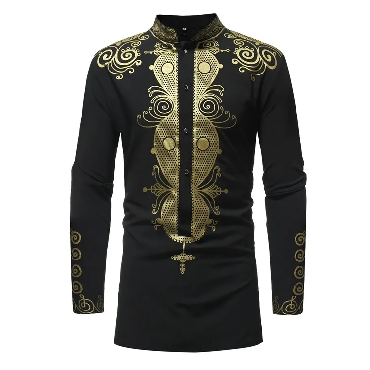 

Hot sale in ebay men cotton polyester african printing long sleeve stand collar dashiki shirt, 3 colors