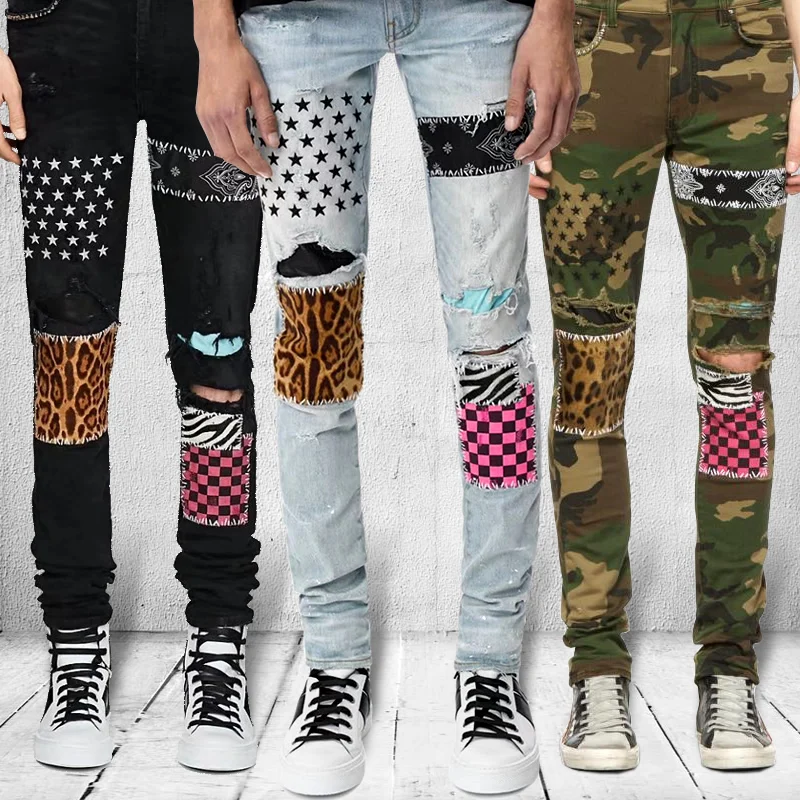 

New beggar style boy stretch jeans skinny print jeans ripped slim cutout men's jeans, Mixed colors