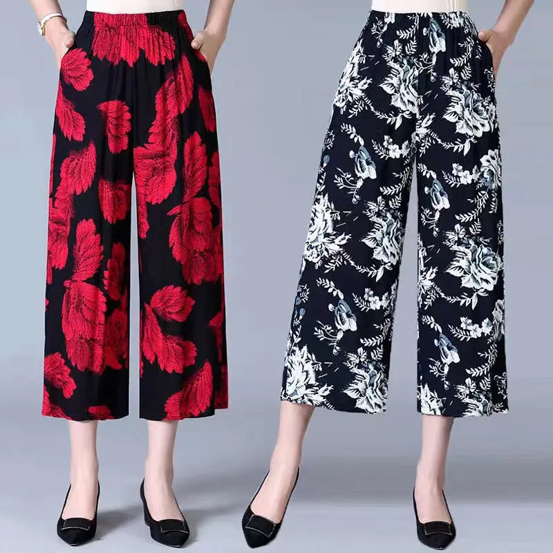 

Mix style mix color cheap Middle Aged Women Capris Wide Leg Pants Stock