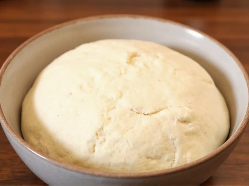 No-knead bread dough rising in ceramic bowl