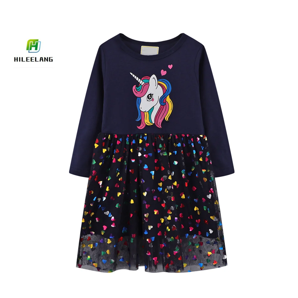 

Autumnn Children Clothes Sequined Love Printed Cartoon Unicorn Mesh Skirt Toddler Girl Casual Long Sleeve Dresses