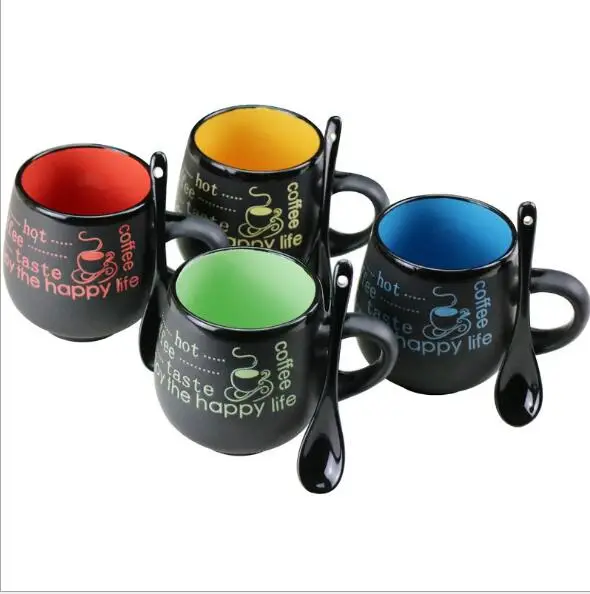 

ceramic barrel shaped black coffee mug with spoon in handle, 4 designs
