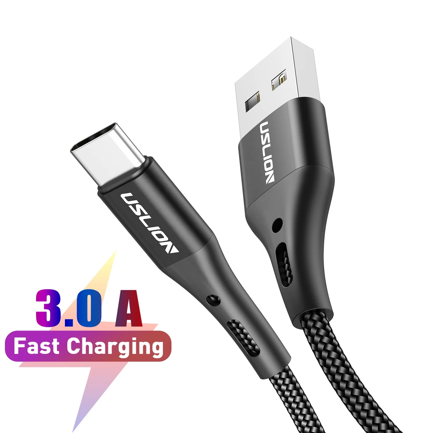

USLION 3A USB Type C Cable Fast Charging Wire for Samsung S9 S8 S10 Xiaomi mi9 mi8 Huawei Mobile Phone USB C Charger Cable 3m, Black/red/blue/purple