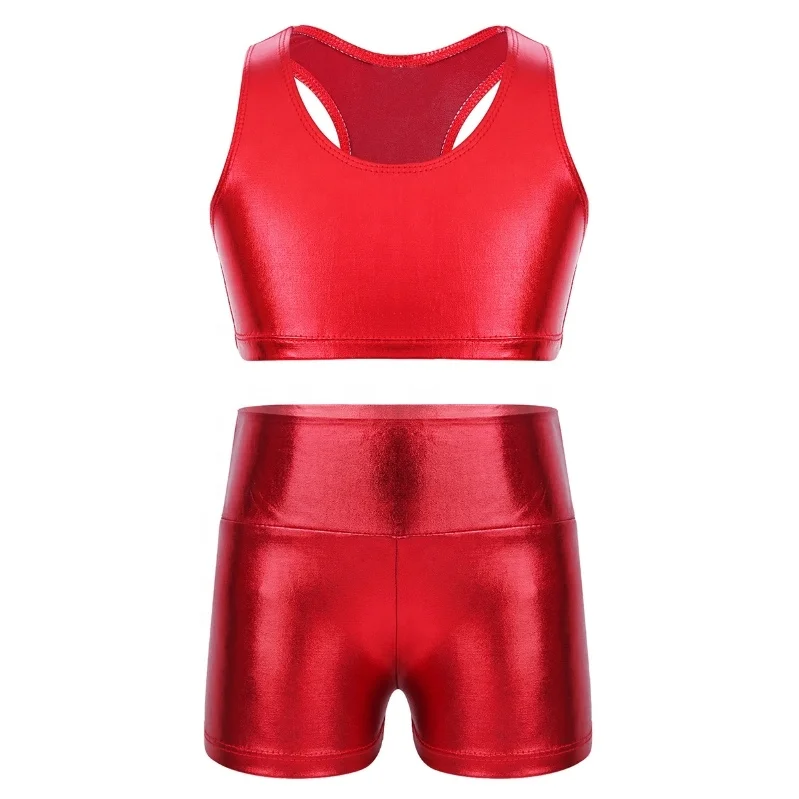 

Kids Girls Metallic Sleeveless Racer Back Crop Top With High Waist Dance Shorts Sports Outfits