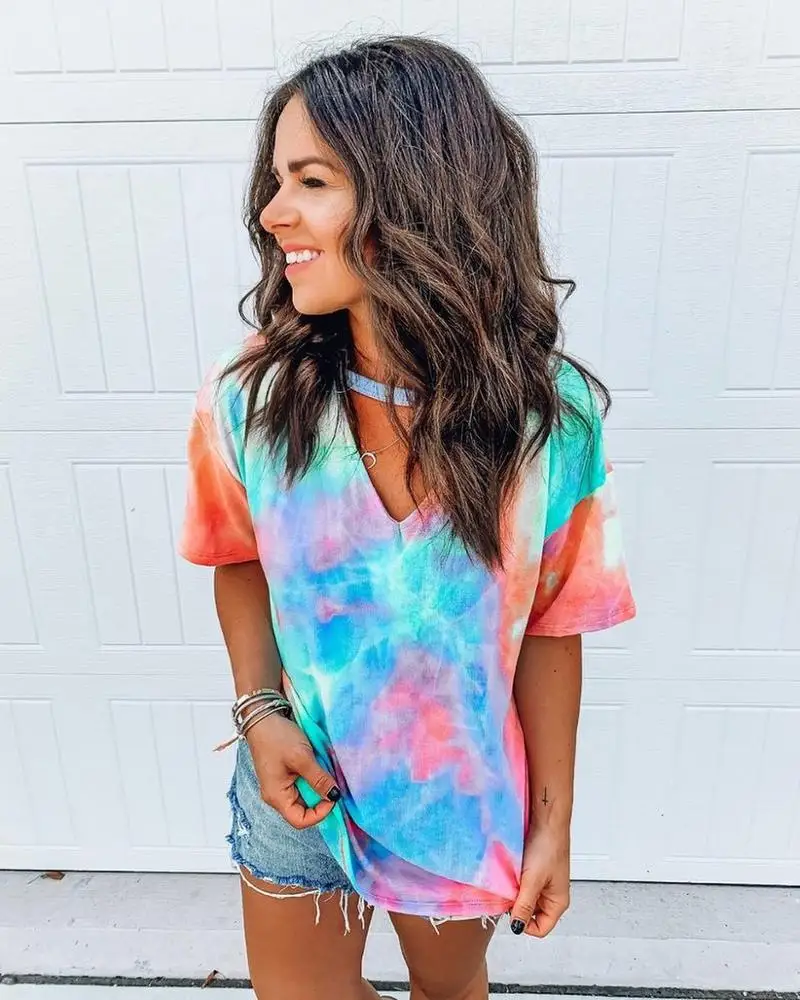
2020 New Style Women Tops Vintage Blouse Tie Dye V Neck Crop Top Tunic Women Blouse and Tops 