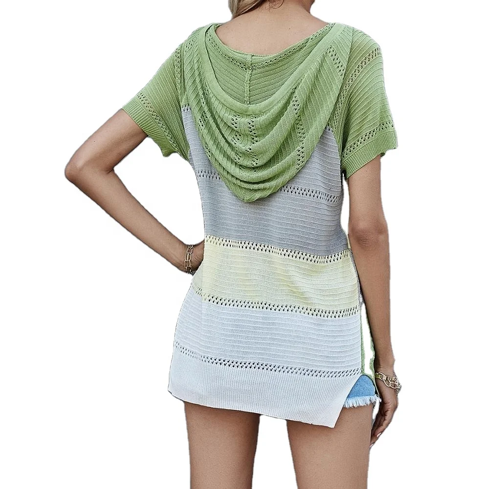

Spring/summer women's knit short-sleeved striped hooded sweater top, 4 colors