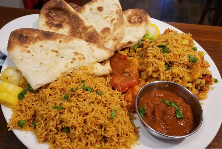 Authentic Indian platter with naan bread, rice, and multiple curry dishes at Red Hot Chilli Pepper in Fremont