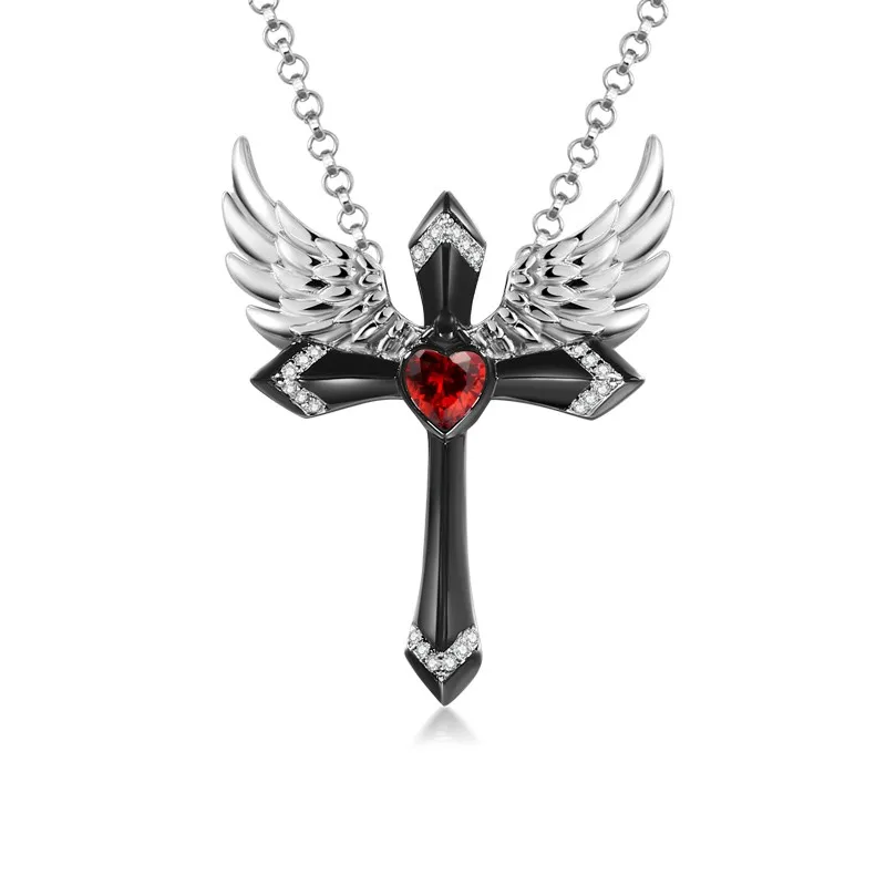 

New Black Cross Necklace Lady Angel Wing Ruby Necklace