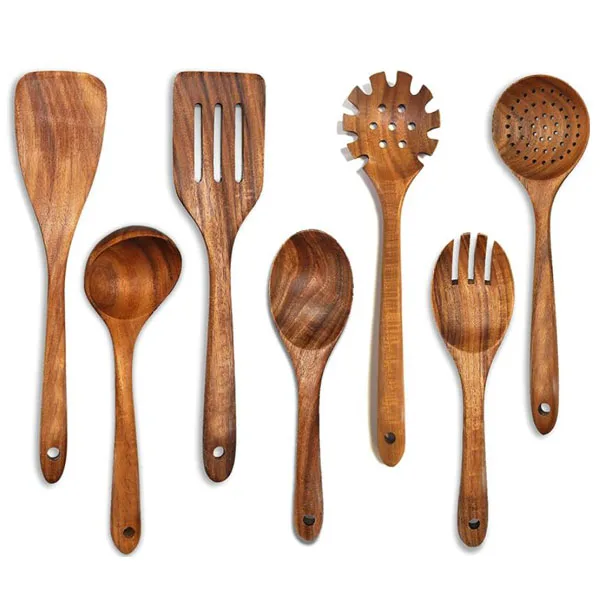 

Household non-stick spatula cooking frying shovel soup spoon 7 pcs teak wood kitchen utensils set, Natural color