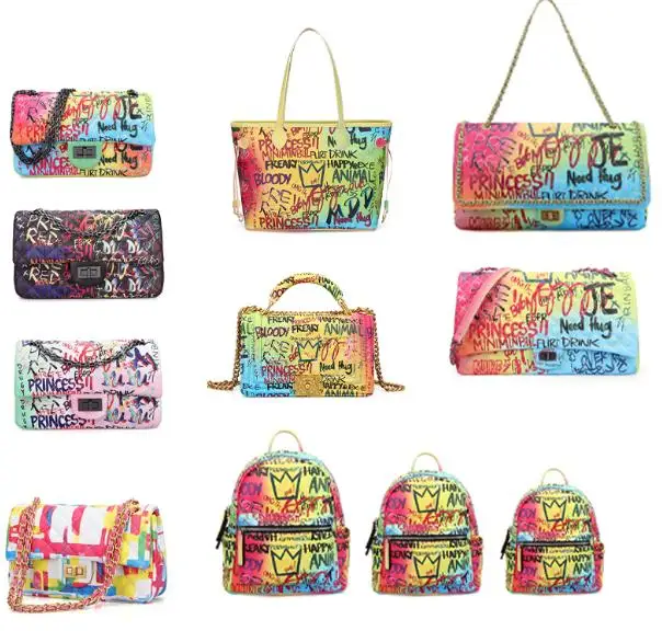 

Hot Sale Fashion purses pu leather designer crossbody handbags 1famous brands ladies women shoulder bag purse graffiti hand bags, Rainbow