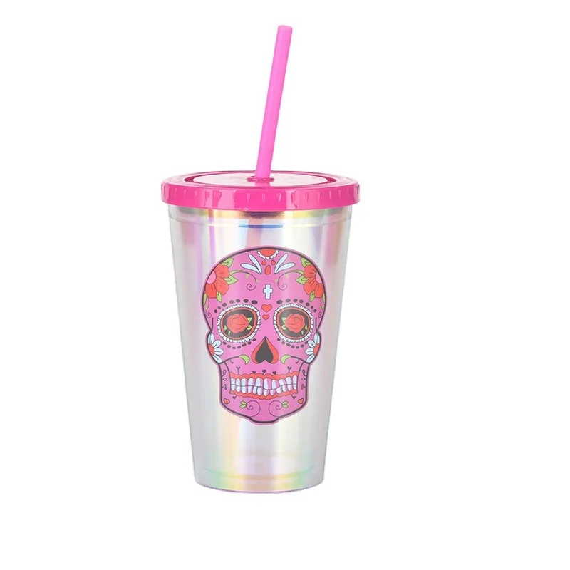 

Wholesale Customized Drinking cup double wall plastic tumbler 16oz with lid and straw tumbler for Halloween, Customized colors acceptable