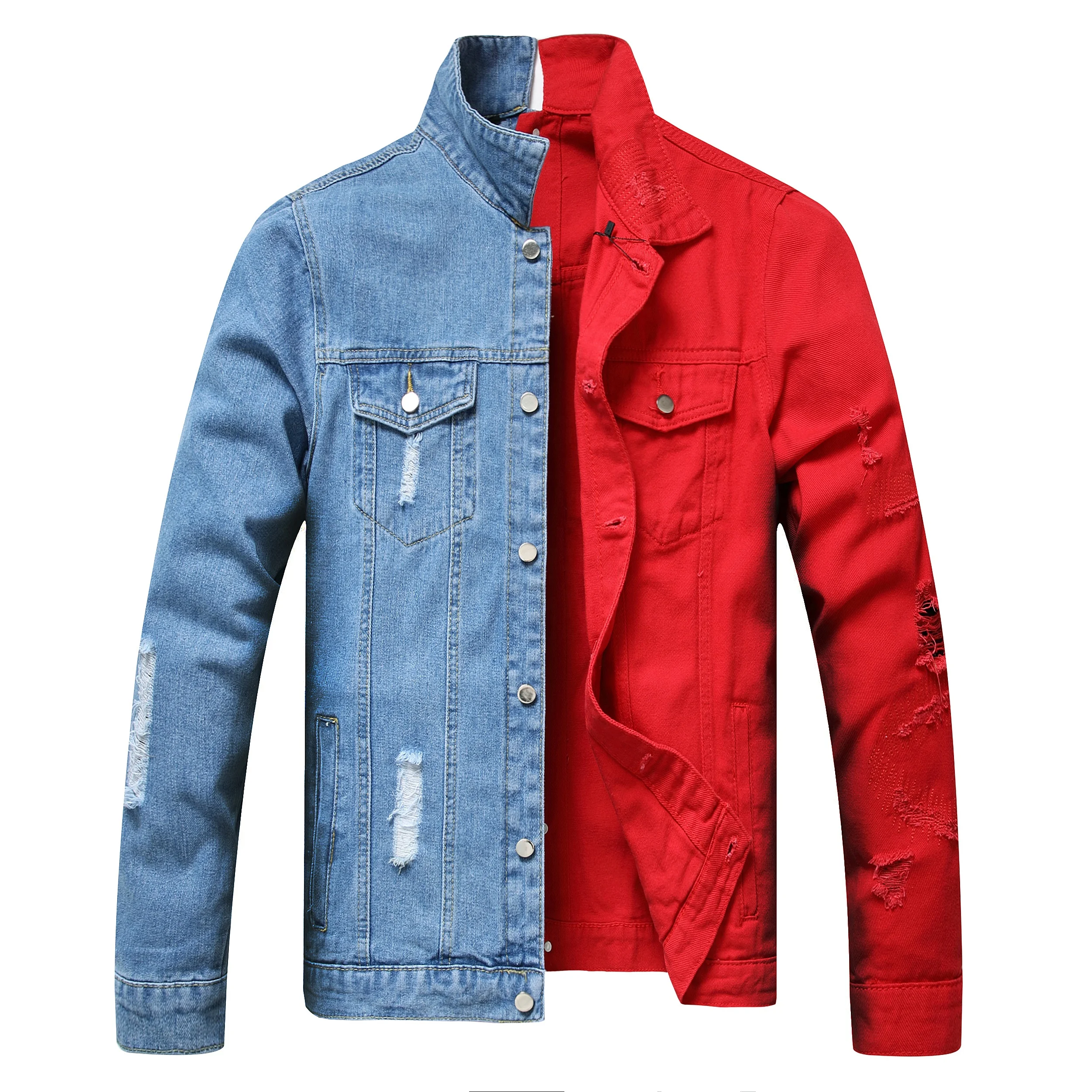 

Hot Sale Trendy Slim Denim Coat For Men Street Wear Men Splicing Denim Ripped Jean Jacket