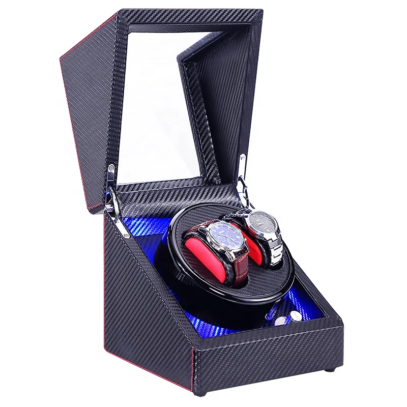 

Custom Logo Carbon Fiber Spinning Sports Watch Box Wooden Frame MDF Black Automated Man Small Watch Winder for 2 Watch