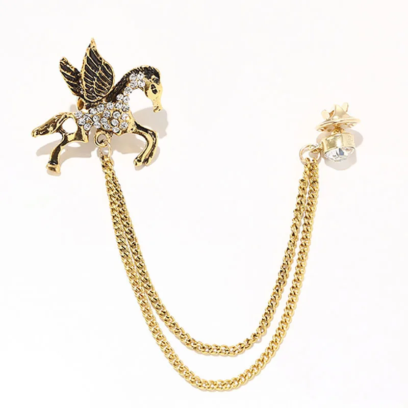 Vintage lapel pin Pegasus mens brooches encrusted rhinestones tassel Alloy male lady suit decorative crystal chain brooch pins