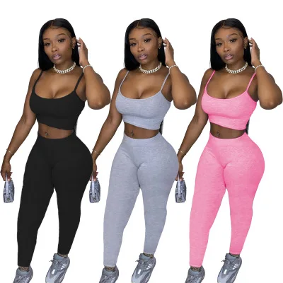 

2021 New Women Solid Spaghetti String top and pants set 2 Two Piece Bodycon yoga Legging set