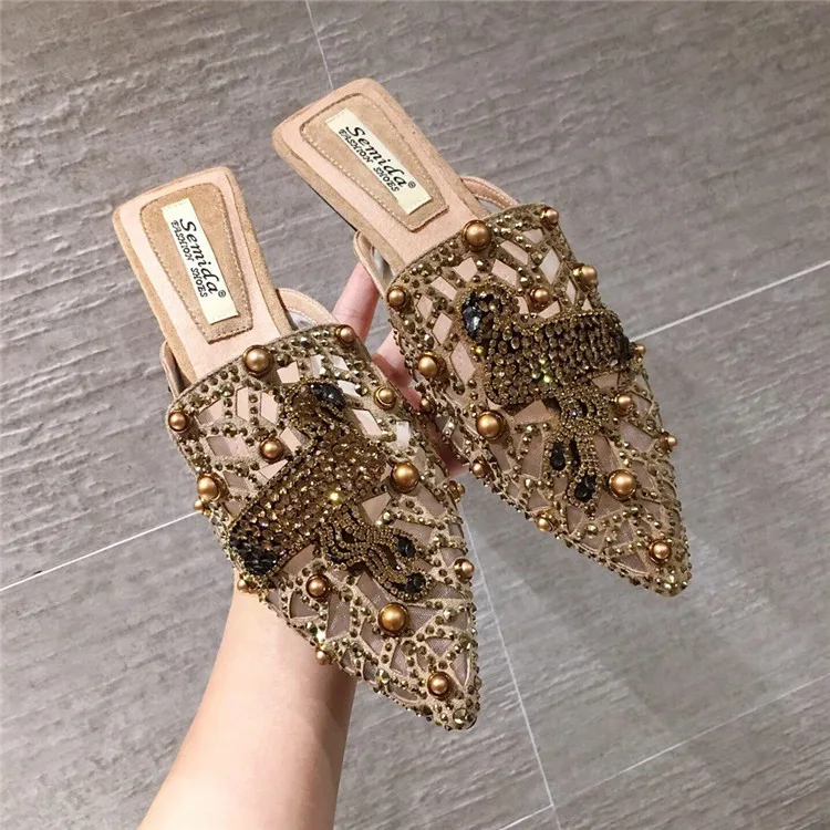 

Luxury Rhinestone Outdoor Slippers Closed Toe Female Women Loafer Spring Flat shoes with Diamonds, Black, khaki
