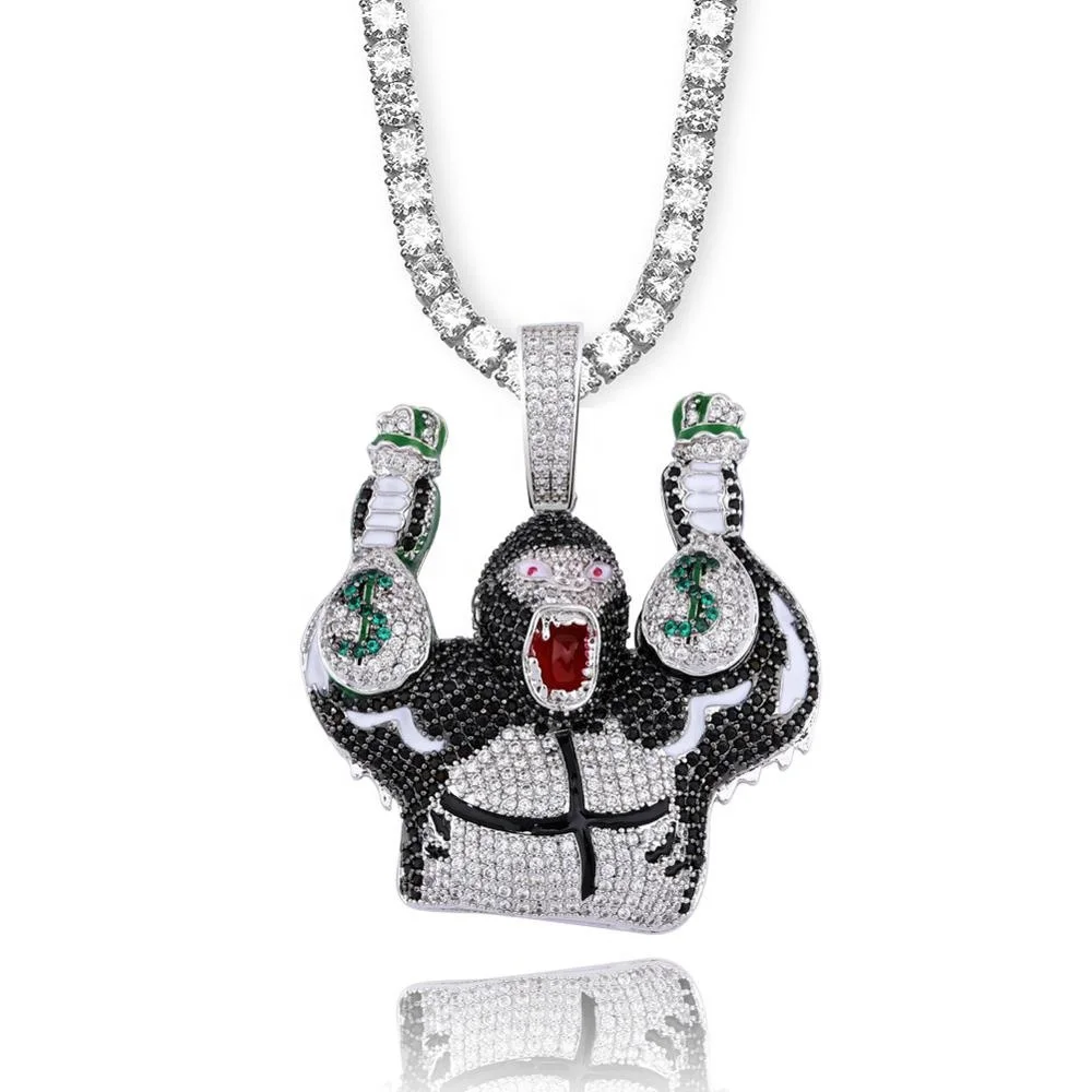 

New Animal Gorilla Pendant Necklace With 3mm/4mm/5mm Tennis Chain Silver Charm Bling Cubic Zirconia Mens Hip hop Rock Jewelry, Silver,gold,black
