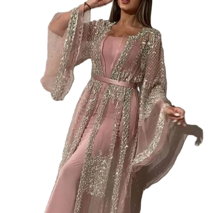 

2021 autumn winter fashion summer casual women's dress girl elegant oversize women's Maxi long sleeve Sequin mesh party dress
