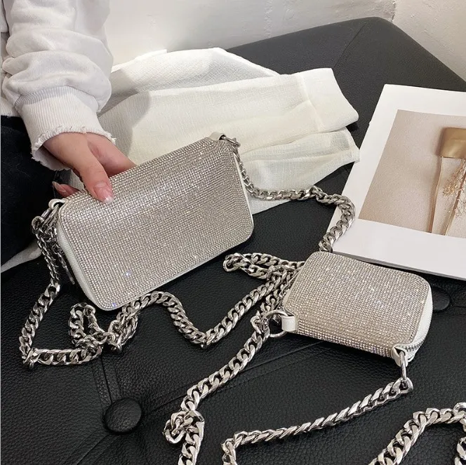 

Fashion shiny diamond thick chain mini shoulder small square bag women simple casual crossbody bag 2021, 3colors