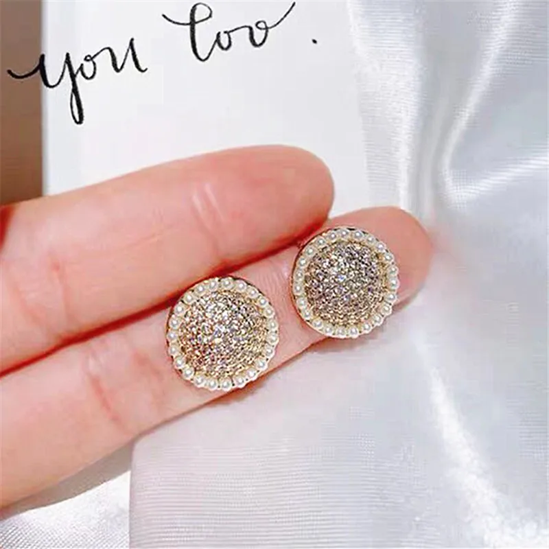 

S925 Ear Pin Real Gold Plated Round Crystal Pearl Stud Earrings For Women