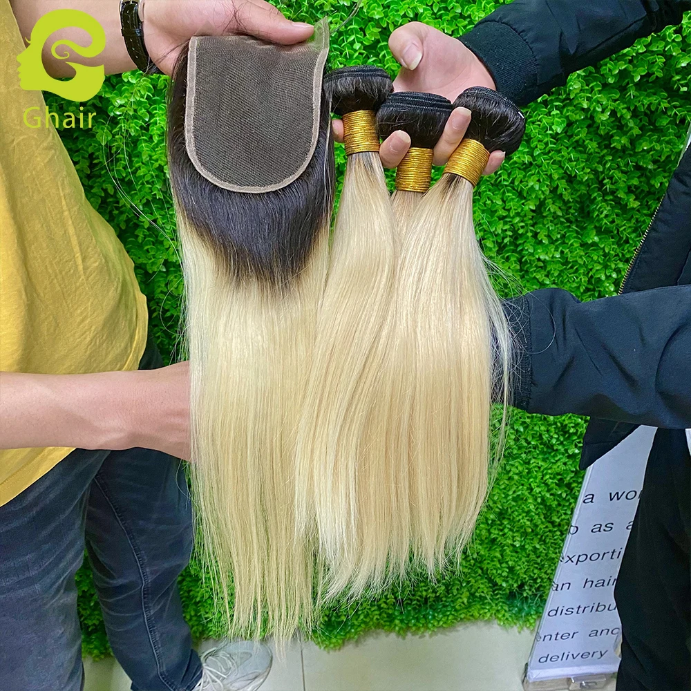 

Cuticle Aligned Raw Virgin Straight Ombre 1B 613 Blonde Human Hair Bundles With closure, 1b/613# (black/blonde)
